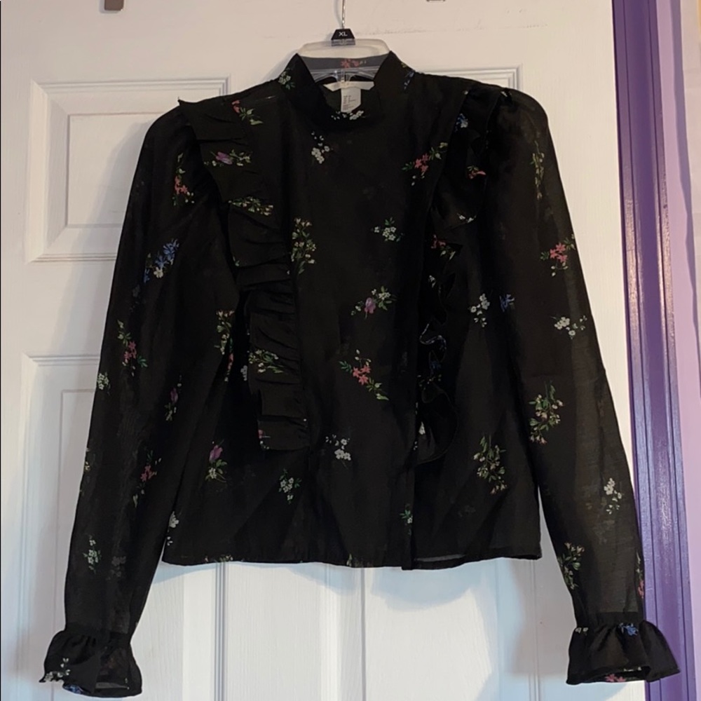 H&M Sheer Black Floral Long Sleeve Blouse